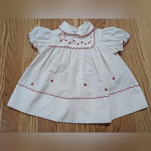 Vintage White Baby Dress with Red Embroidery 6/9 Months